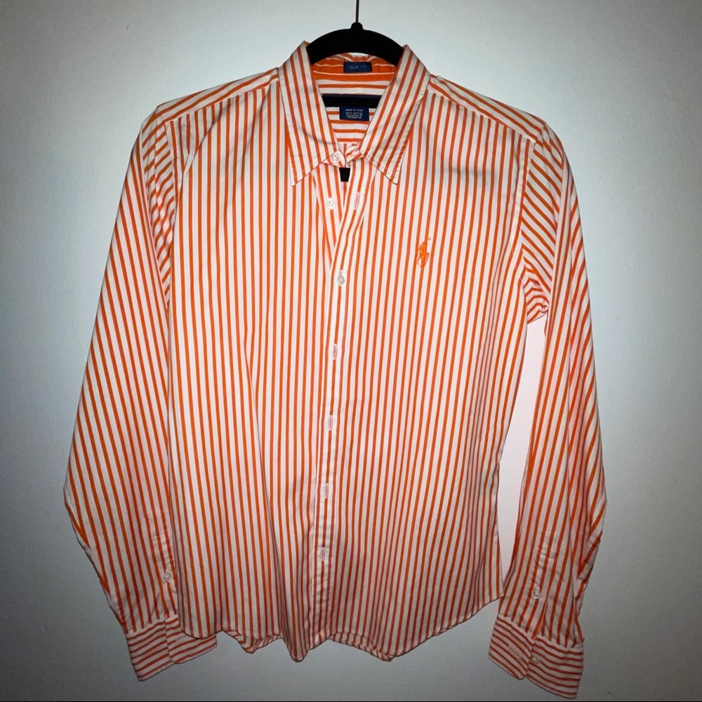 Orange/white stripe button down shirt